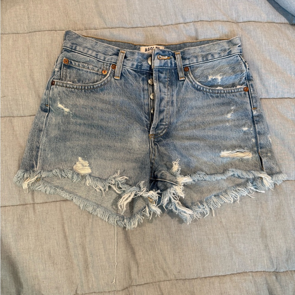 Agolde Frayed Hem Jean Shorts - Light Blue